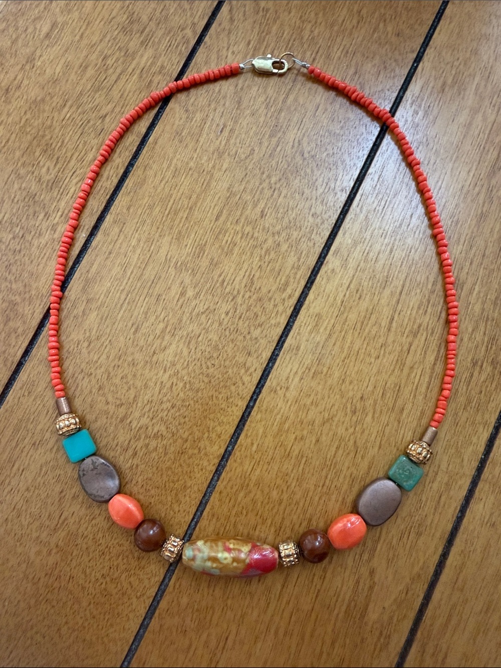 Handcrafted Coral Bead Necklace with Turquoise & Gold Accents